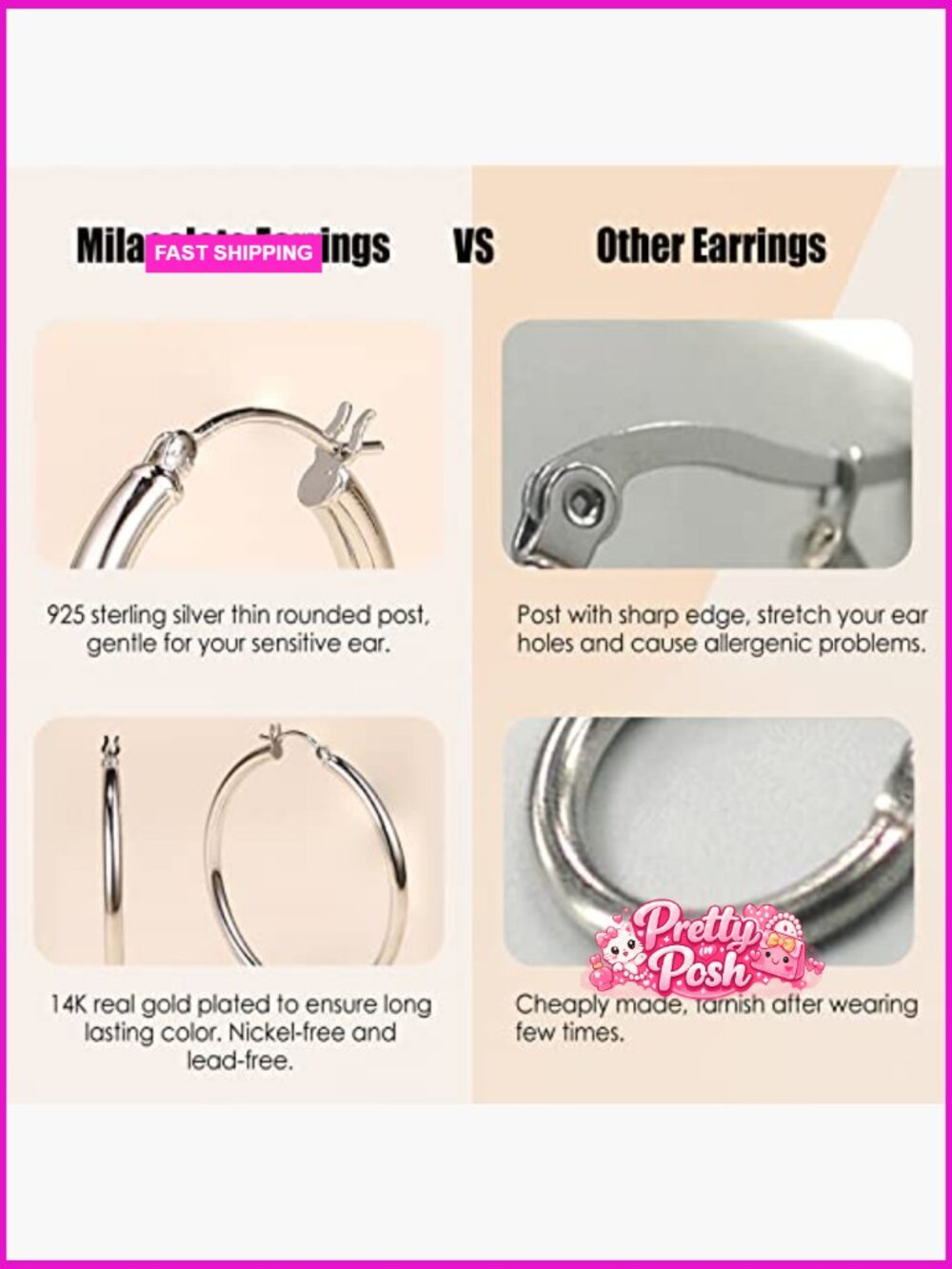 Sterling Silver Post Hoop Earrings 14K Gold Plated Chunky Hoops Hypoallergenic - Picture 3 of 7